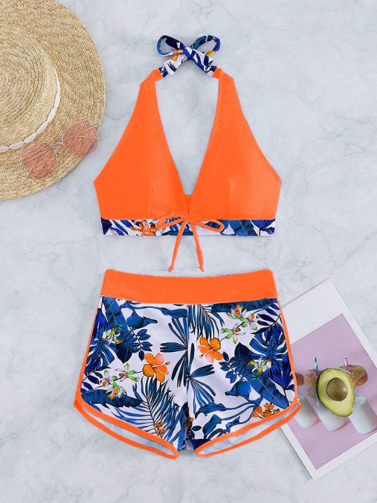 Swim Vcay Tropical Print Halter Bikini Swimsuit