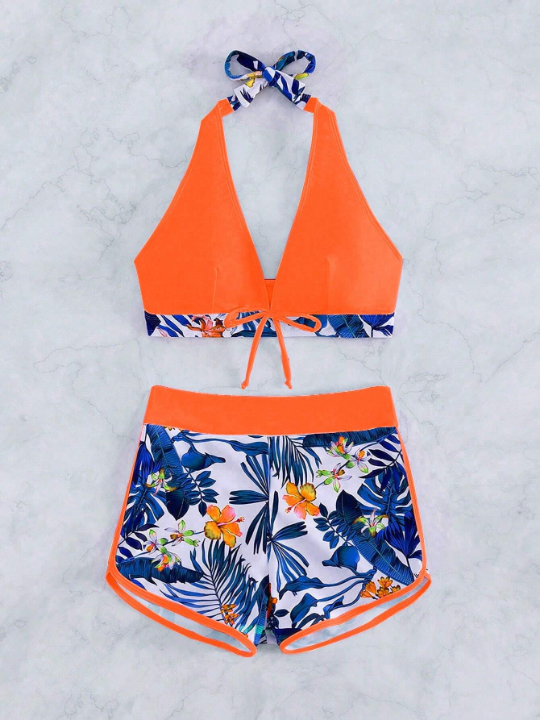 Swim Vcay Tropical Print Halter Bikini Swimsuit