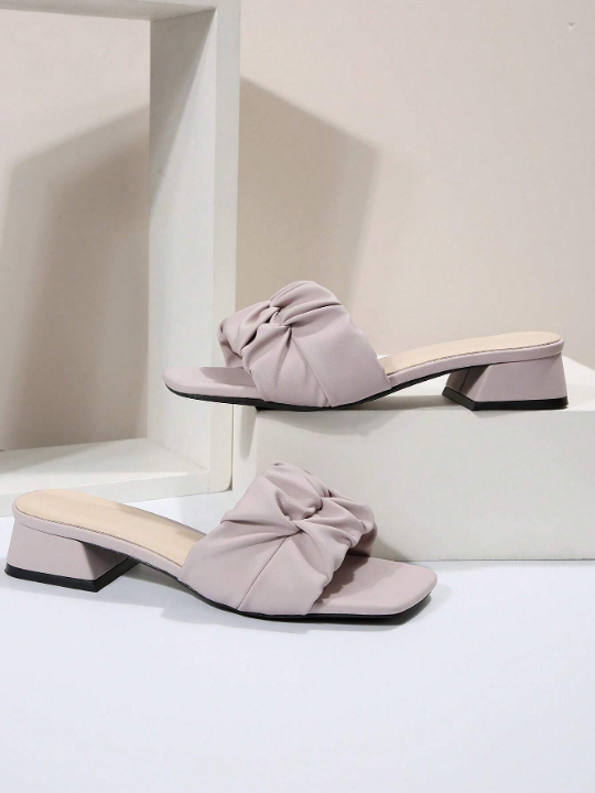 Elegant Mule Sandals For Women, Ruched Detail Chunky Heeled Sandals