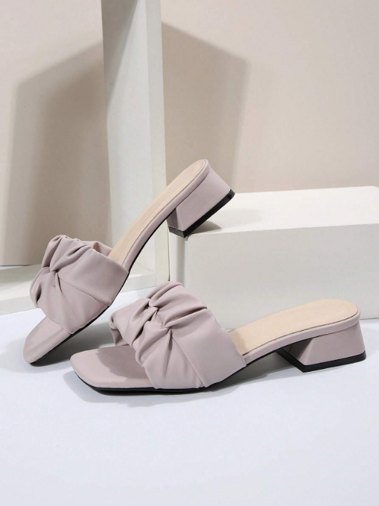 Elegant Mule Sandals For Women, Ruched Detail Chunky Heeled Sandals