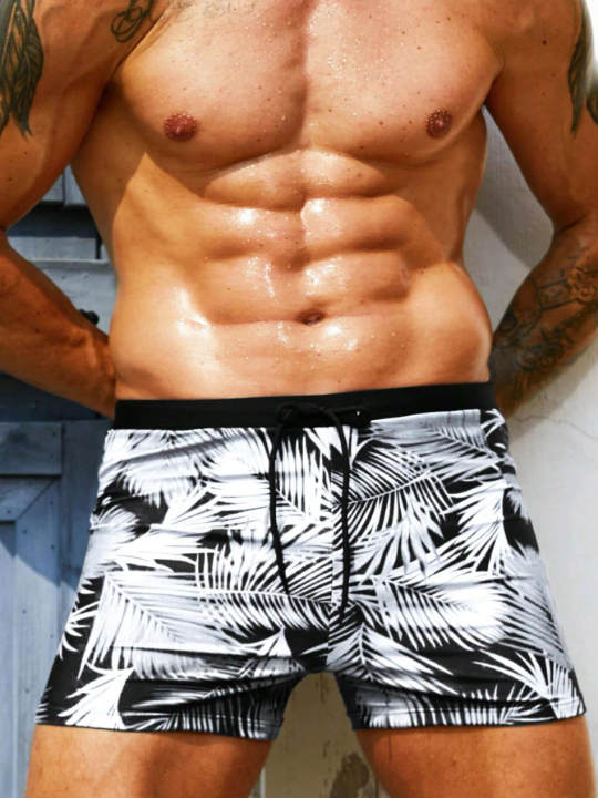 Manfinity Swimmode Men Tropical Print Drawstring Waist Swim Trunks