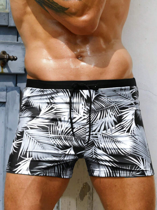 Manfinity Swimmode Men Tropical Print Drawstring Waist Swim Trunks