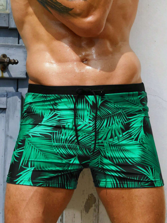 Manfinity Swimmode Men Tropical Print Drawstring Waist Swim Trunks