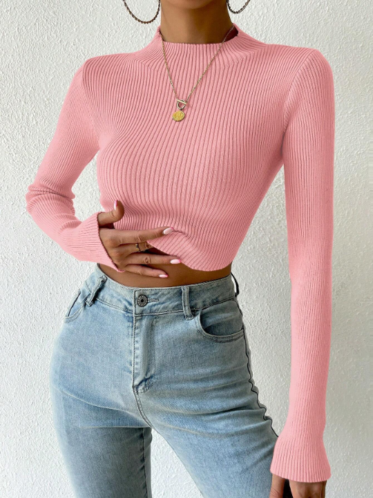 Priv Mock Neck Ribbed Knit Crop Sweater