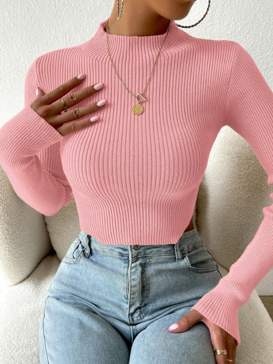 Priv Mock Neck Ribbed Knit Crop Sweater