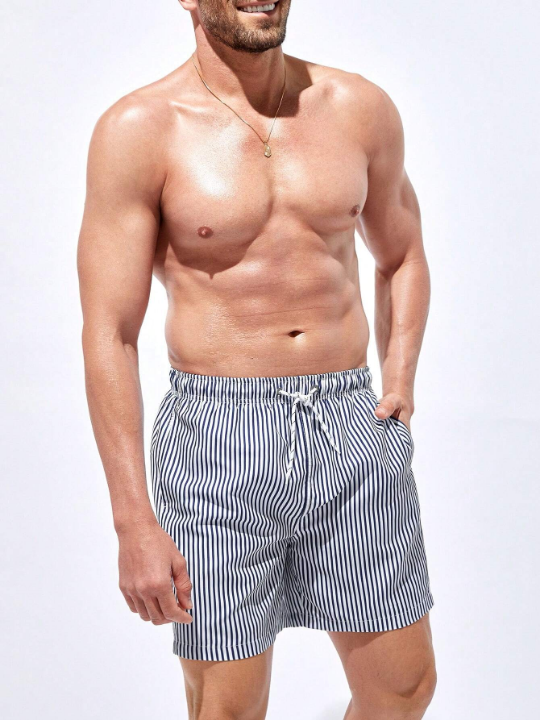 Manfinity Swimmode Men Striped Drawstring Waist Swim Trunks