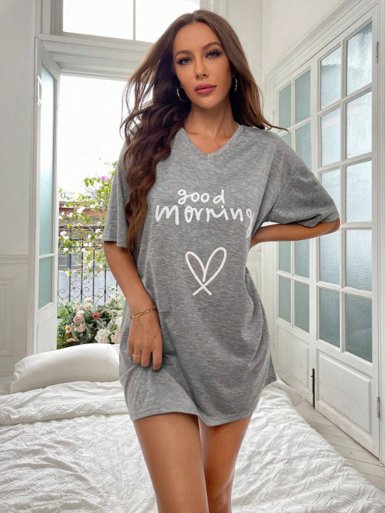 Heart & Slogan Graphic Drop Shoulder Nightdress