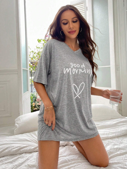 Heart & Slogan Graphic Drop Shoulder Nightdress