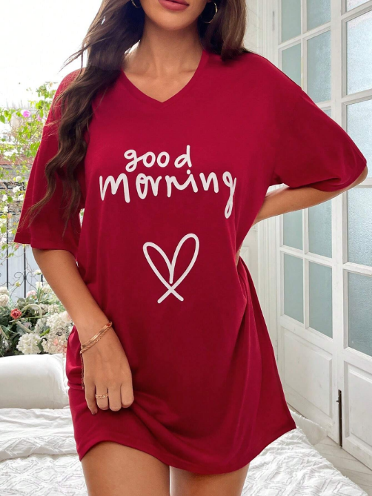 Heart & Slogan Graphic Drop Shoulder Nightdress