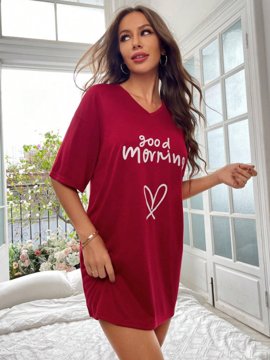 Heart & Slogan Graphic Drop Shoulder Nightdress