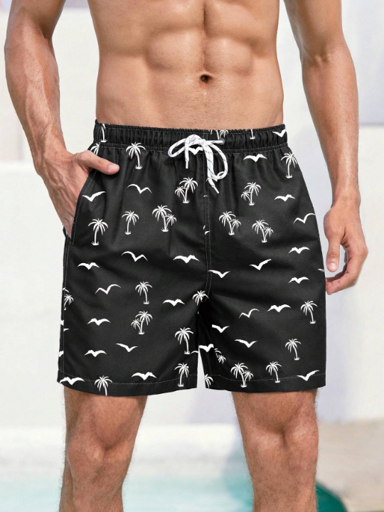 Manfinity Swimmode Men Coconut Tree & Bird Print Drawstring Waist Swim Trunks