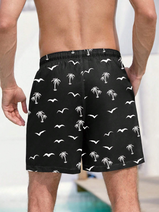 Manfinity Swimmode Men Coconut Tree & Bird Print Drawstring Waist Swim Trunks