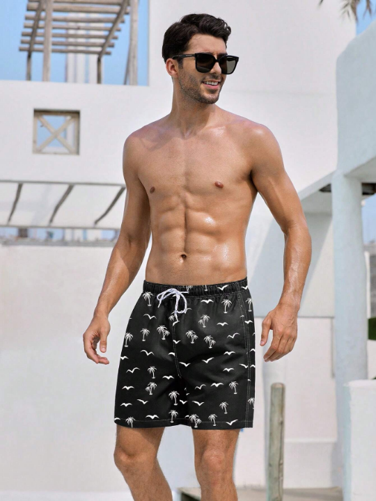 Manfinity Swimmode Men Coconut Tree & Bird Print Drawstring Waist Swim Trunks