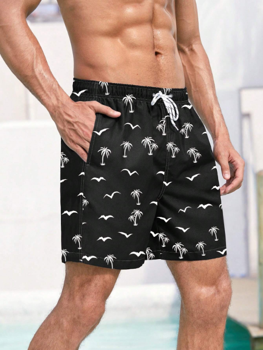 Manfinity Swimmode Men Coconut Tree & Bird Print Drawstring Waist Swim Trunks