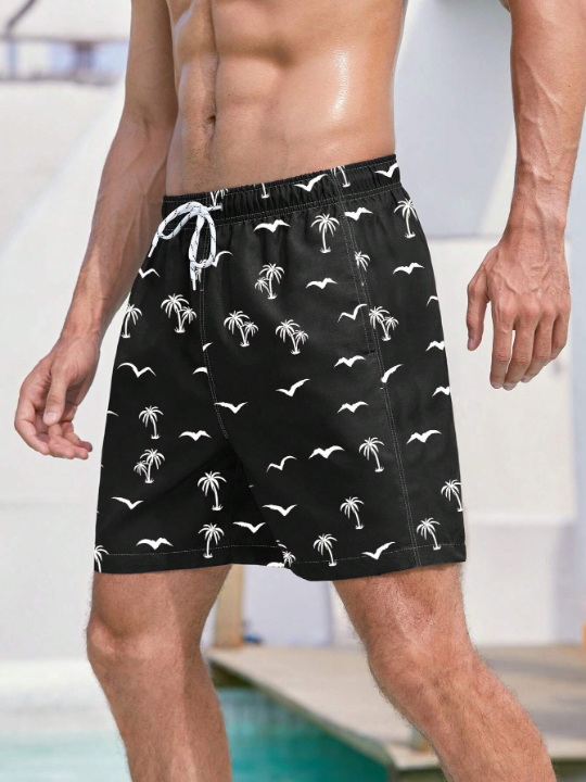 Manfinity Swimmode Men Coconut Tree & Bird Print Drawstring Waist Swim Trunks