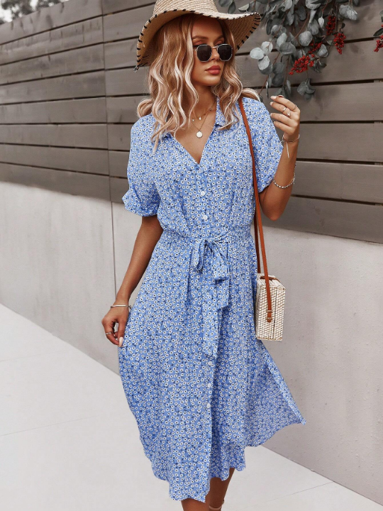 LUNE Ditsy Floral Print Batwing Sleeve Belted Shirt Dress