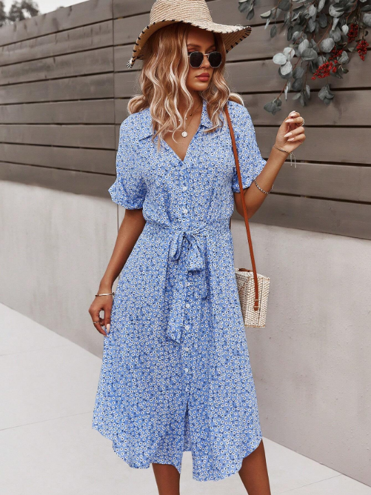 LUNE Ditsy Floral Print Batwing Sleeve Belted Shirt Dress