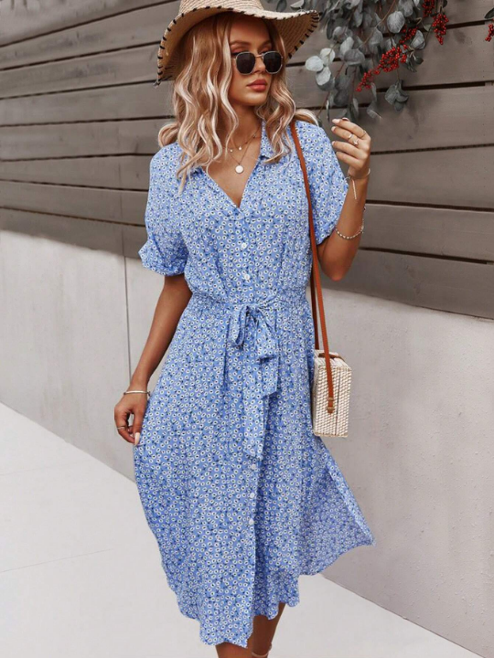 LUNE Ditsy Floral Print Batwing Sleeve Belted Shirt Dress