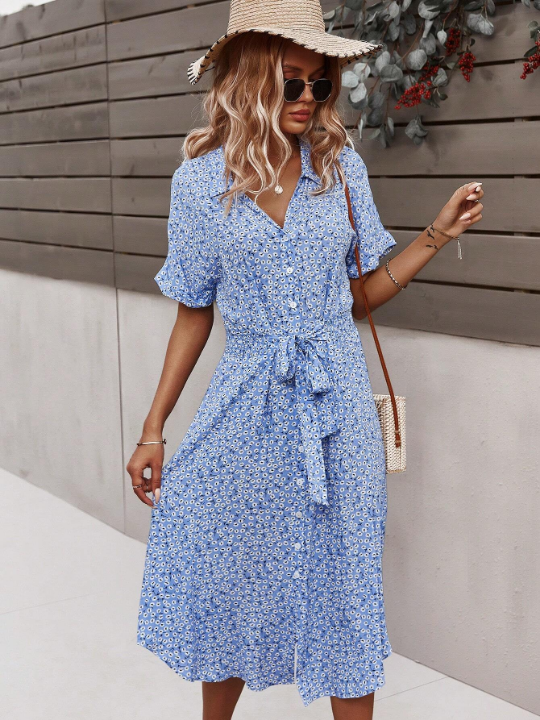 LUNE Ditsy Floral Print Batwing Sleeve Belted Shirt Dress