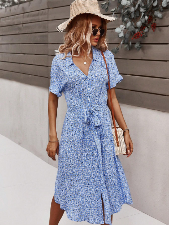 LUNE Ditsy Floral Print Batwing Sleeve Belted Shirt Dress