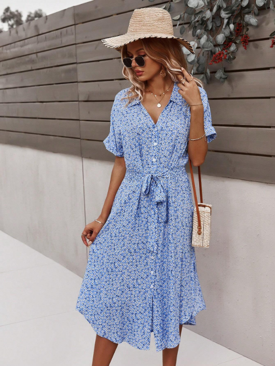 LUNE Ditsy Floral Print Batwing Sleeve Belted Shirt Dress