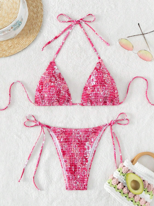 Swim Vcay Floral Print Smocked Halter Triangle Bikini Swimsuit