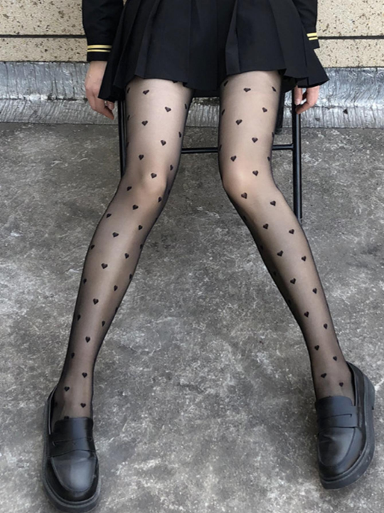 1pair Women Heart Pattern Fashion Tights For Daily Life