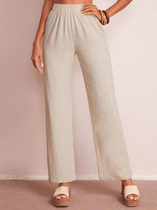 LUNE Elastic Waist Solid Wide Leg Pants