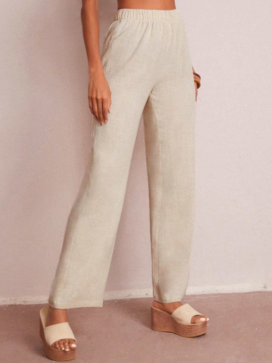 LUNE Elastic Waist Solid Wide Leg Pants