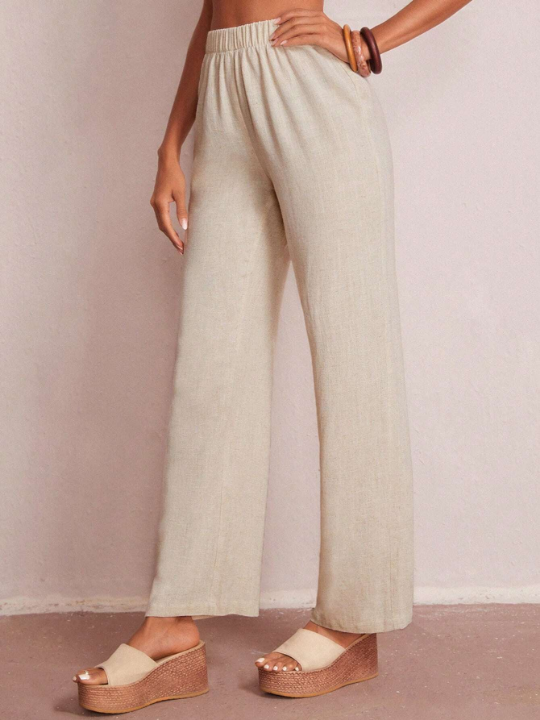 LUNE Elastic Waist Solid Wide Leg Pants