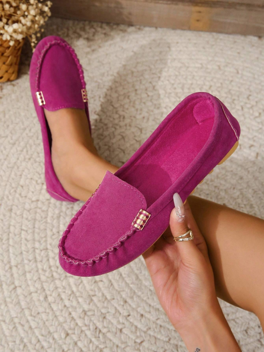 Women Metal Decor Flats, Funky Hot Pink Faux Suede Loafer Flats