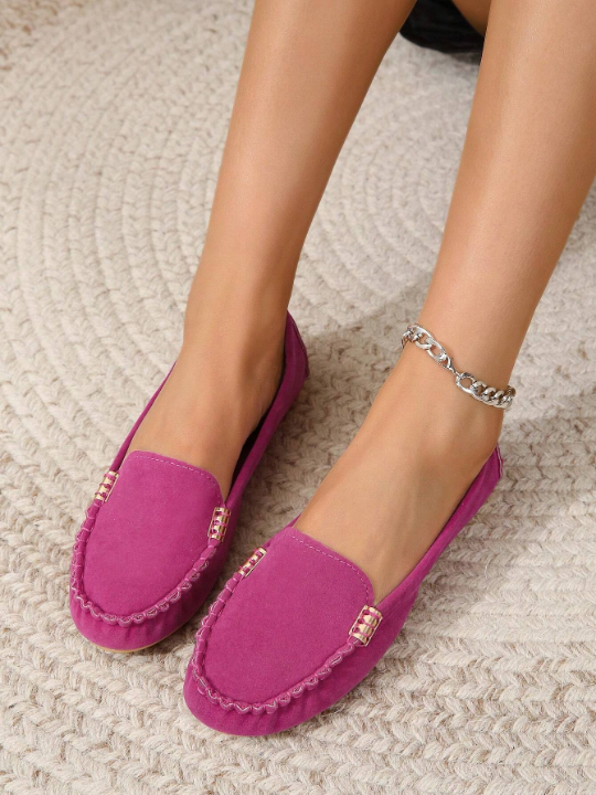 Women Metal Decor Flats, Funky Hot Pink Faux Suede Loafer Flats