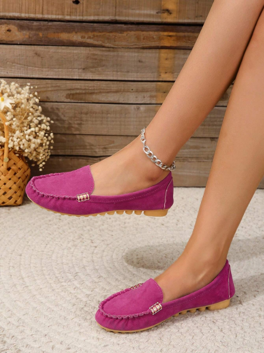 Women Metal Decor Flats, Funky Hot Pink Faux Suede Loafer Flats