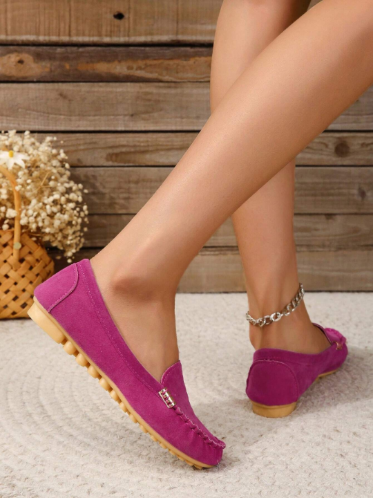 Women Metal Decor Flats, Funky Hot Pink Faux Suede Loafer Flats