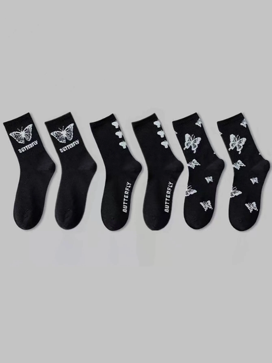 3pairs Butterfly & Letter Graphic Crew Socks
