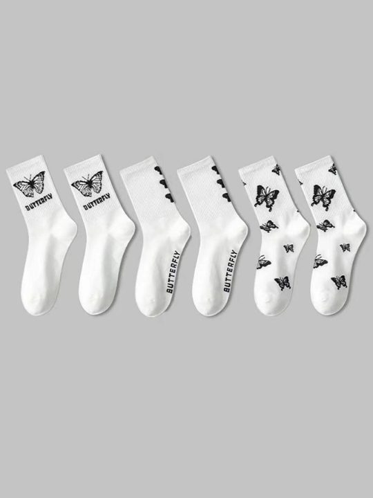 3pairs Butterfly Pattern Crew Socks