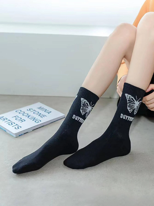 3pairs Butterfly & Letter Graphic Crew Socks