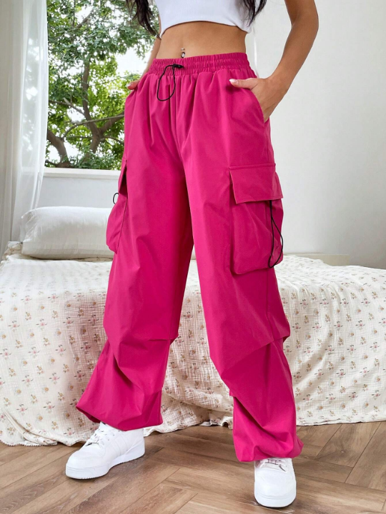 EZwear Dopamine Pink Flap Pocket Side Drawstring Waist Cargo Pants