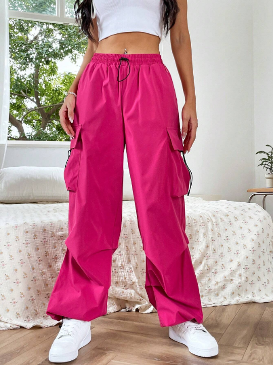 EZwear Dopamine Pink Flap Pocket Side Drawstring Waist Cargo Pants