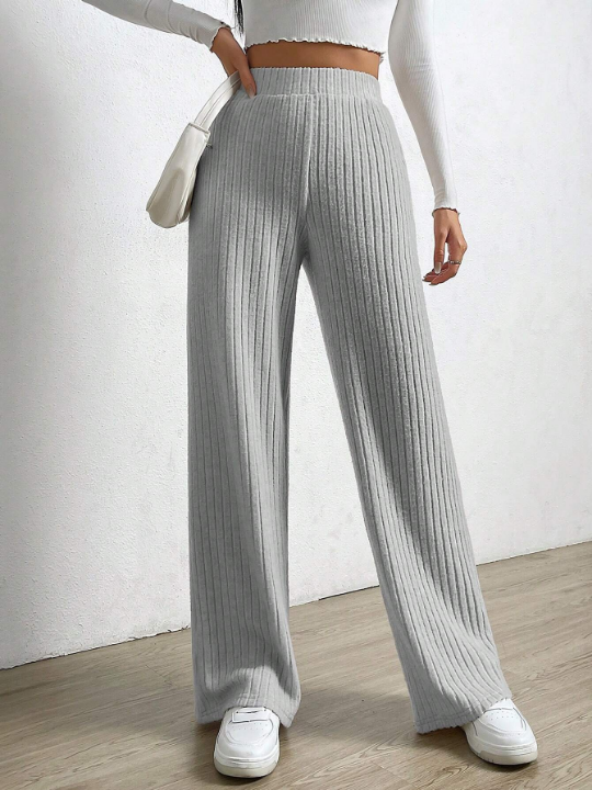 EZwear High Waist Ribbed Knit Straight Leg Pants