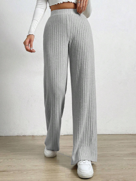 EZwear High Waist Ribbed Knit Straight Leg Pants