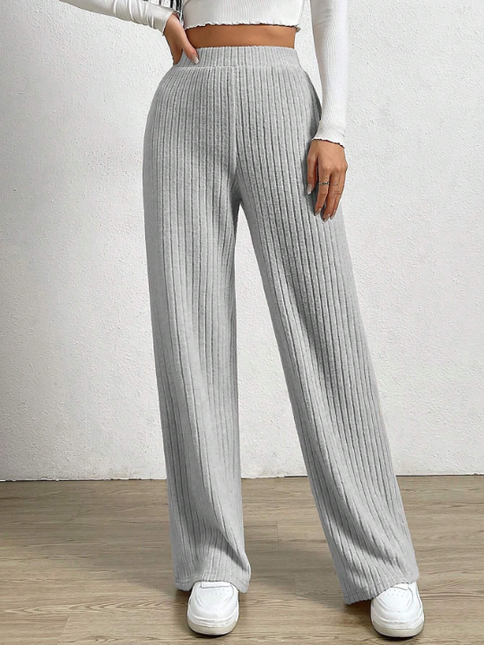 EZwear High Waist Ribbed Knit Straight Leg Pants