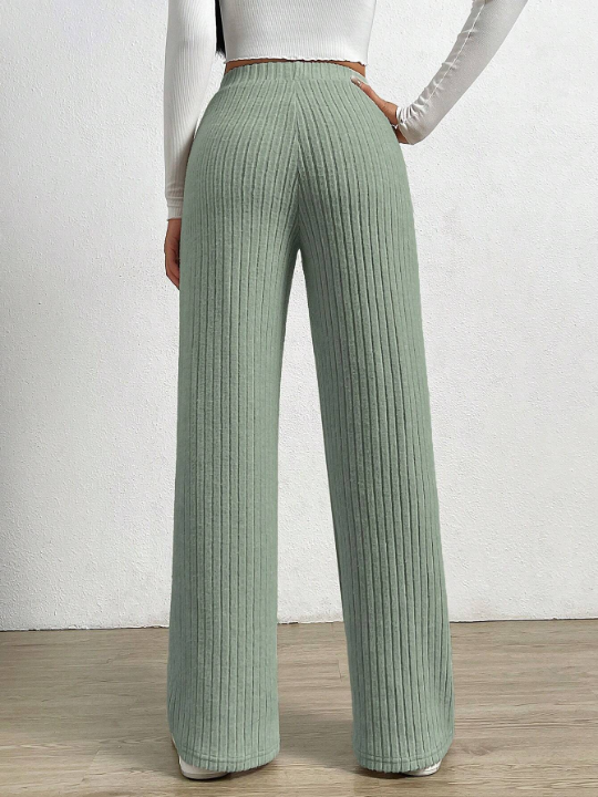 EZwear High Waist Ribbed Knit Straight Leg Pants