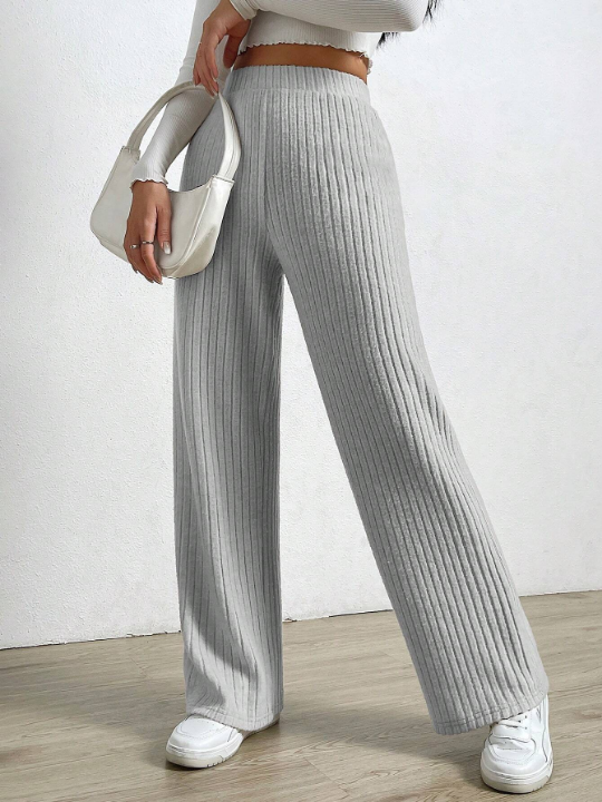 EZwear High Waist Ribbed Knit Straight Leg Pants