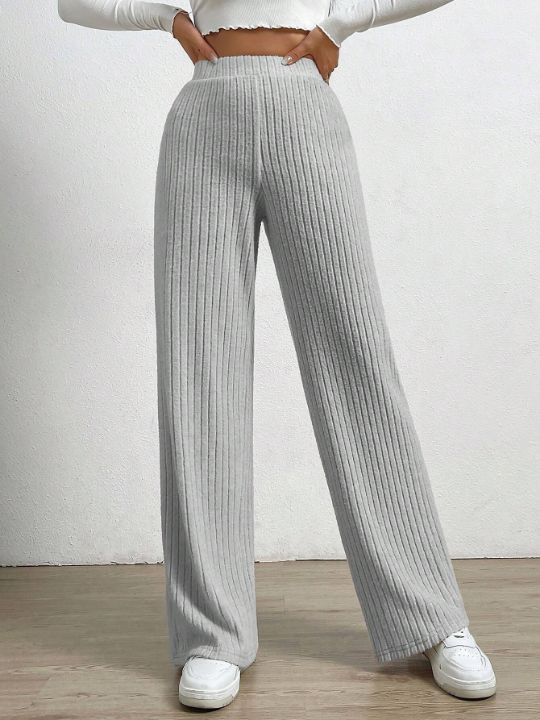 EZwear High Waist Ribbed Knit Straight Leg Pants