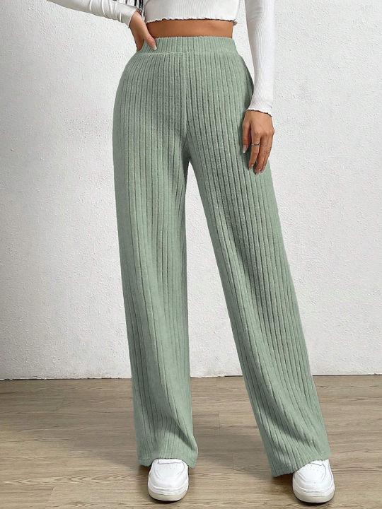 EZwear High Waist Ribbed Knit Straight Leg Pants