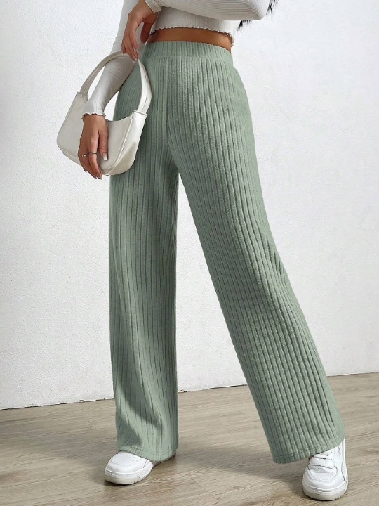 EZwear High Waist Ribbed Knit Straight Leg Pants