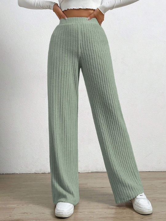 EZwear High Waist Ribbed Knit Straight Leg Pants