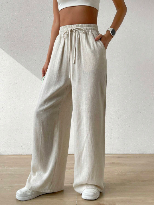 EZwear Women's Summer Solid Color Beige High Waist Drawstring Waist Linen Wide Leg Pants