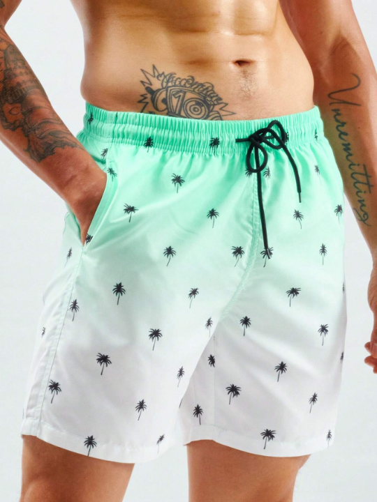 Manfinity Swimmode Men Ombre Palm Tree Print Drawstring Waist Swim Trunks